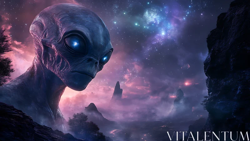 Colossal bioluminescent alien sentinel surveys nebular canyon