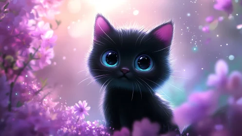 Black feline character with oversized blue eyes surrounded by pink floral elements