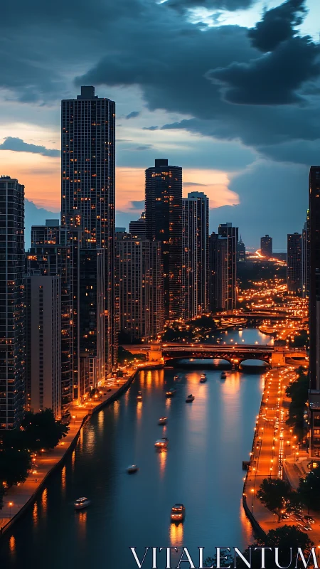 Urban river skyline at dusk with tall city towers lit up.