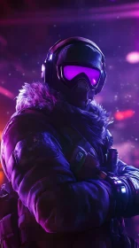 Spectral arctic operative in neon-illuminated tactical exosuit.