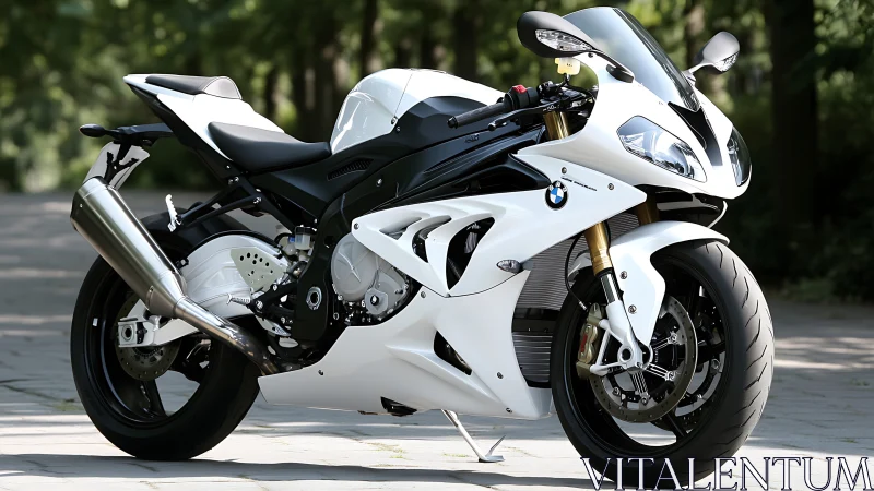 White BMW sport motorcycle shows sharp aerodynamic bodywork.