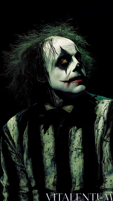 Clown-makeup figure stares sideways in dramatic low light