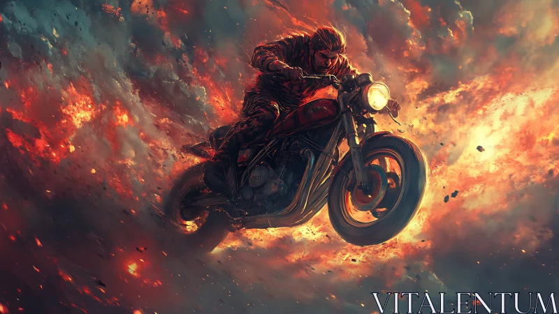 Motorcyclist arcs through incendiary clouds in dynamic digital art