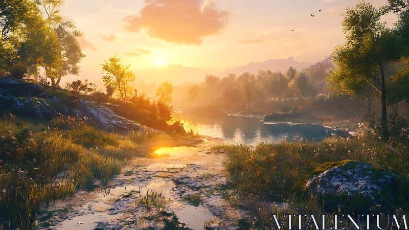 Digital painting landscape with luminous riverine sunset glow.