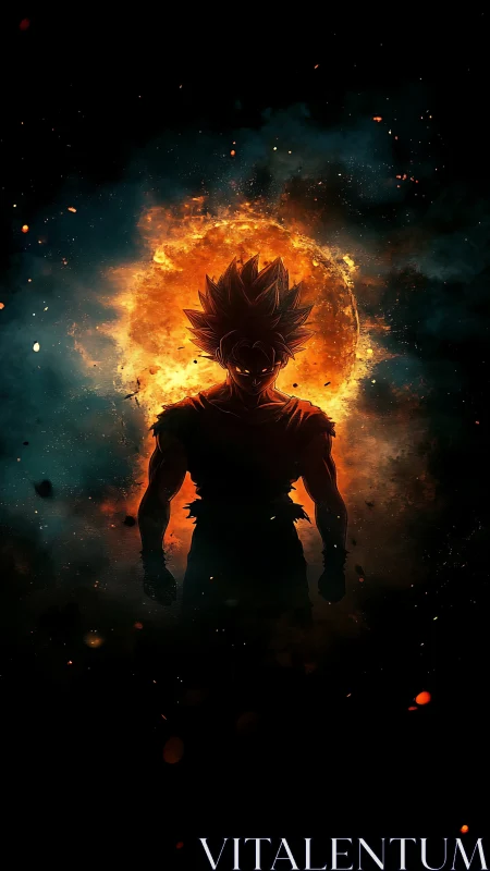 Silhouetted anime warrior against explosive solar halo backdrop.
