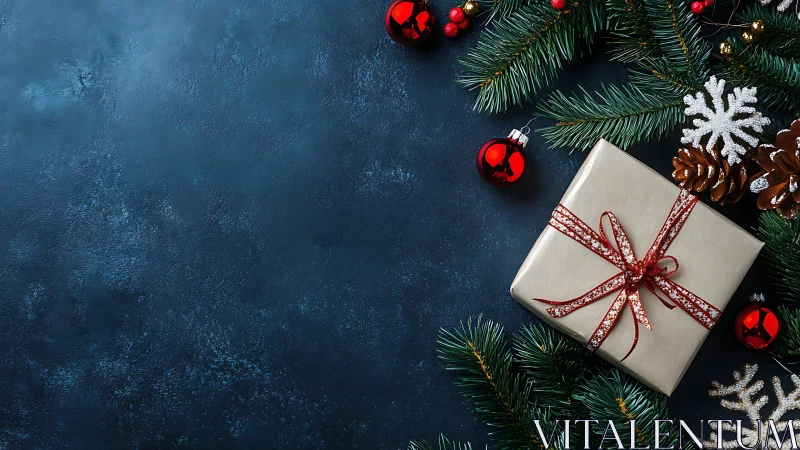 Rectangular gift box on dark textured surface with fir branches