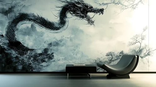 Monochrome serpentine dragon mural in minimalist lounge interior.