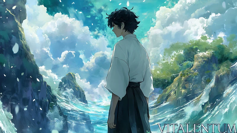 Young man stands over turbulent sea between rocky cliffs