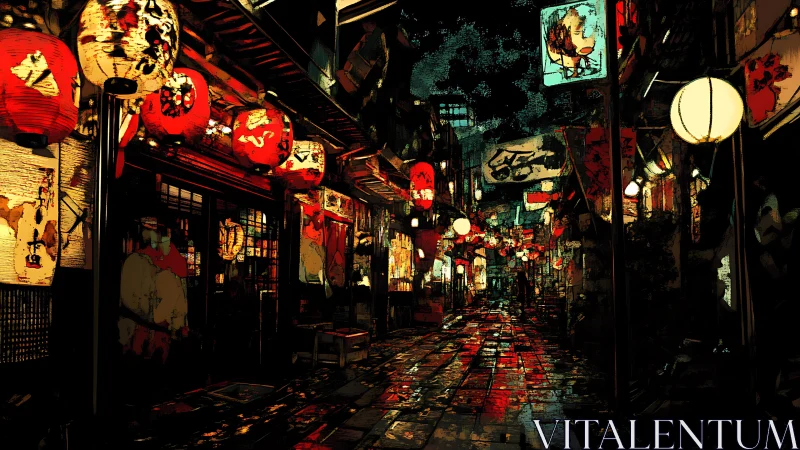 Rain-wet lantern alley with illuminated shopfront facades.