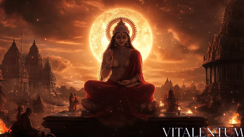 Divine goddess meditation under blazing celestial sun.
