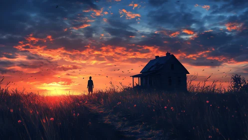 Solitary figure approaches abandoned farmhouse at dusk