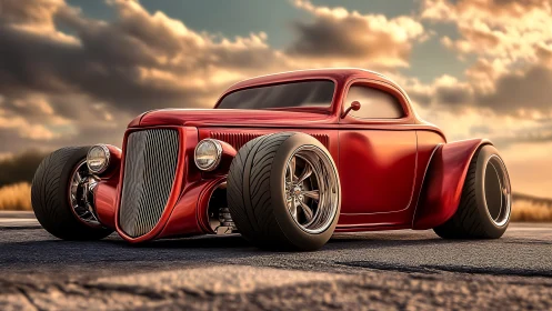 Streamlined red hot rod coupe under cinematic sunset light.