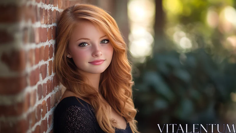 Shallow depth portrait of red haired woman by brick wall outdoors