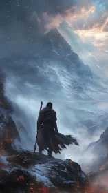 Hooded wanderer surveys glacial valley under dynamic storm sky