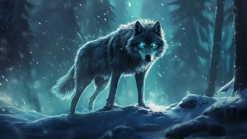 Spectral wolf with glowing eyes stands in frozen moonlit forest