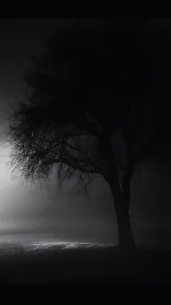 Solitary winter tree in high-contrast monochrome fogscape.