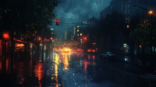 Rainy city street shows wet asphalt under traffic lights