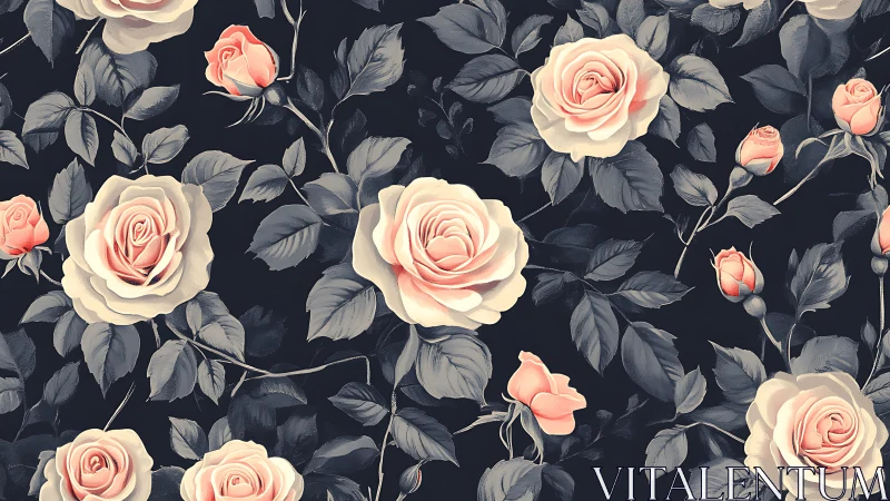 Blush Roses Dancing Among Midnight Shadows and Silver Leaves.