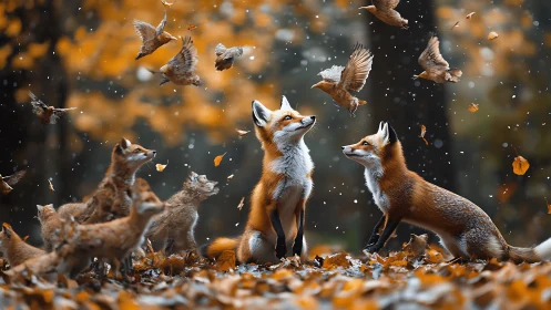 Red fox family and sparrows rendered in high-detail autumnal scene