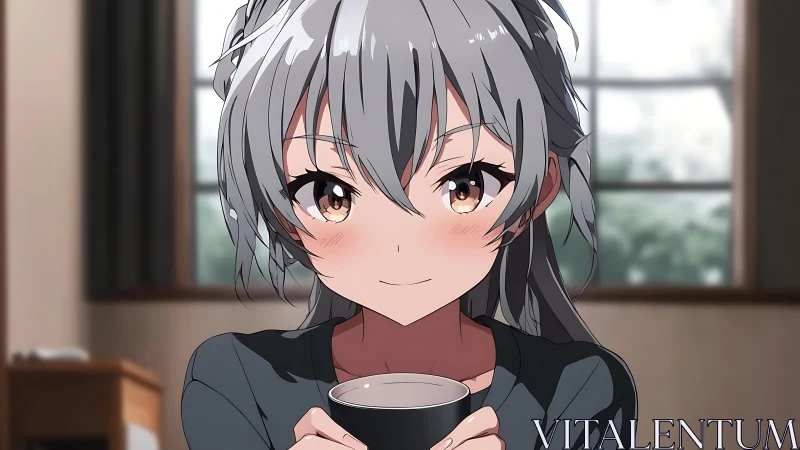 Cozy gray haired girl smiles softly while enjoying warm tea