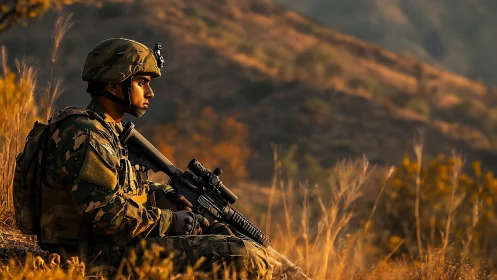 Soldier rests in golden hillside terrain at sunset.