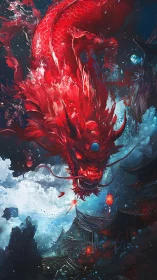 Crimson dragon storms a moonlit sky above ancient temples