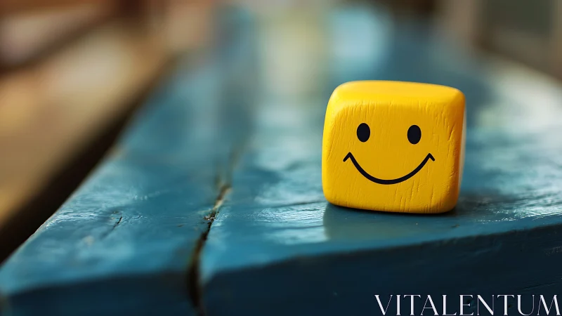 Yellow cube with simple smiley face on blue surface.