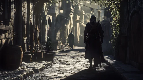 Hooded figure walks down narrow cobblestone alleyway at dusk