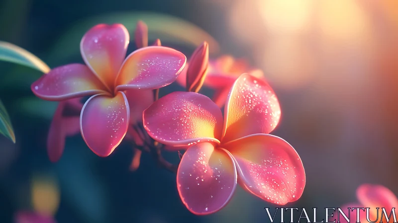 Pink plumeria flowers with dew drops in warm sunlight