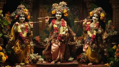 Radiant devotional deities adorned in flowers and gold.
