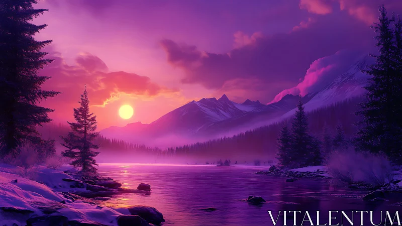 Violet dusk ignites a crystalline winter mountain river dream.