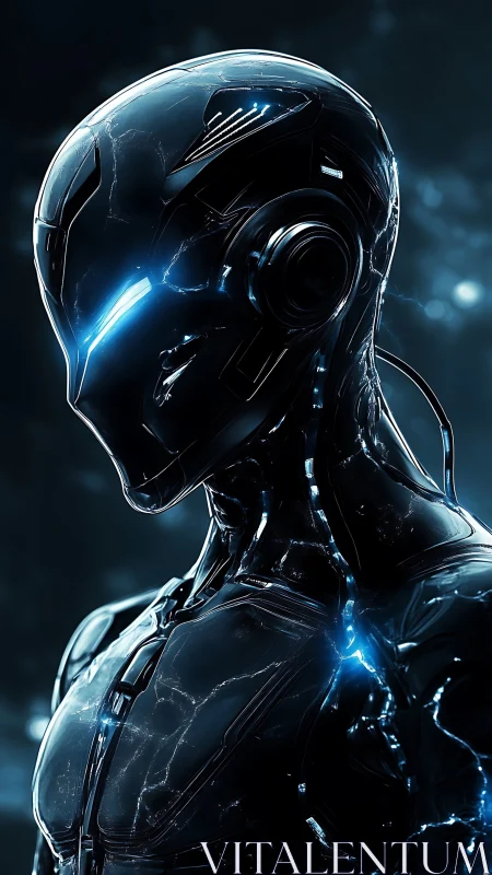 Chrome sentinel aglow with electric veins in deep starlight.