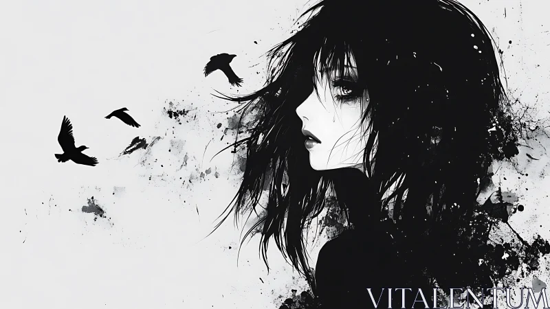 Monochrome ink-anime profile with splatter crow dynamics.