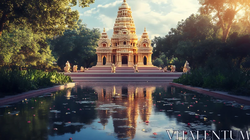 Golden temple reflected in calm garden water at sunset.