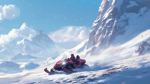 Red snowmobile crossing vast sunlit alpine slopes.