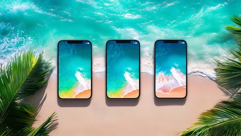 Three modern smartphones aligned on bright tropical beach.