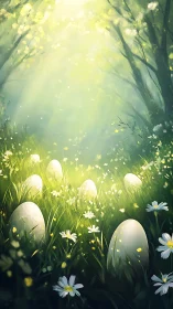 Sunlit forest meadow renders luminous eggs with atmospheric bloom