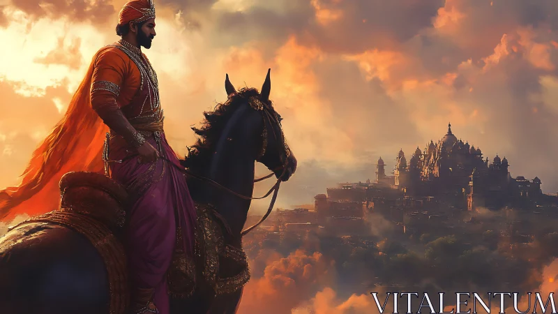 Warrior on horseback surveying distant palace at sunset.