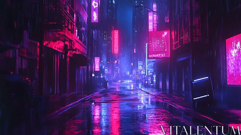 Neon lit cyberpunk alley at night in heavy urban rain.