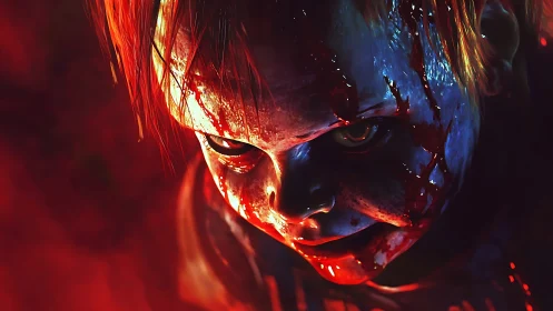 Bloodstained sinister doll face in intense red light.