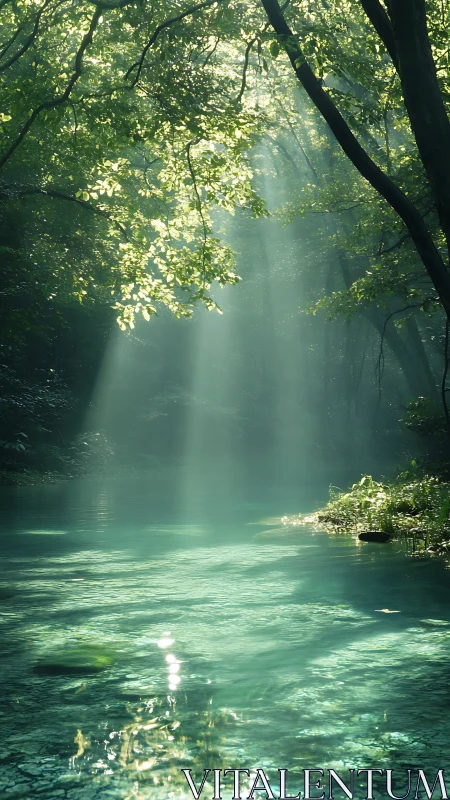 Sunlit forest creek with clear turquoise water surface.