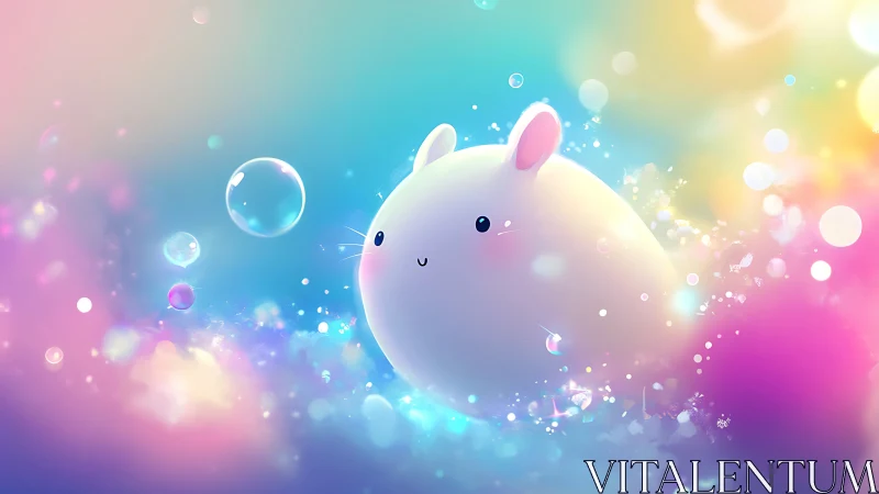Round white bunny in pastel bubbles and soft light.