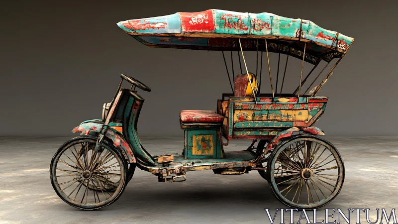 Weathered three-wheeled rickshaw with distressed patina finish.