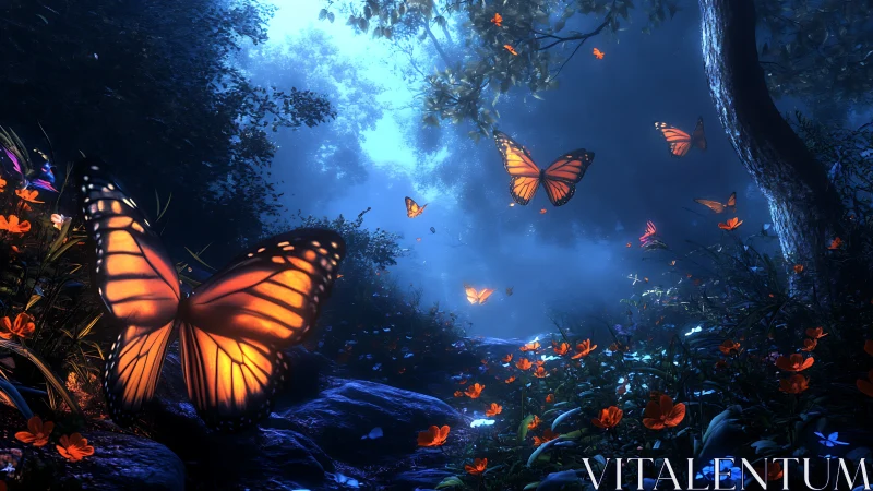Bioluminescent monarch swarm in volumetric twilight forest.