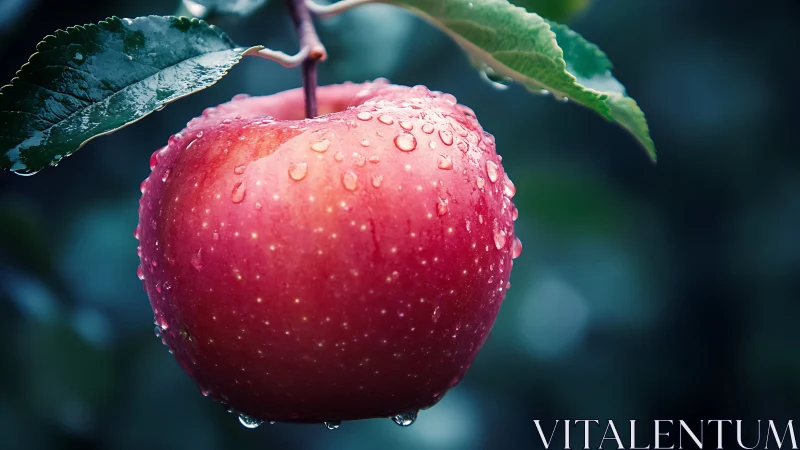 Ripe red apple with dewdrops in soft natural bokeh focus.