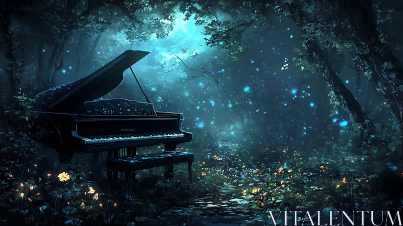 Midnight grand piano glowing under ethereal forest lights
