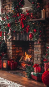 Cozy Christmas fireplace glows warmly with festive garlands
