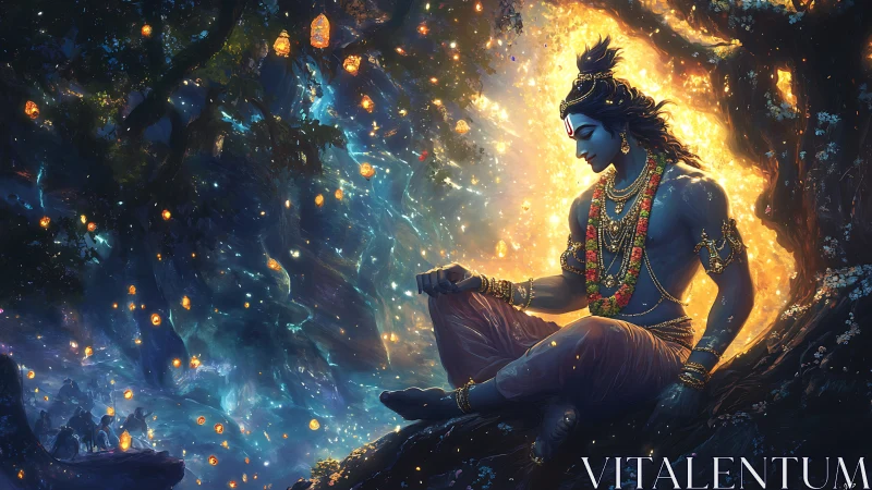 Luminous blue deity rests in a forest of floating lanterns