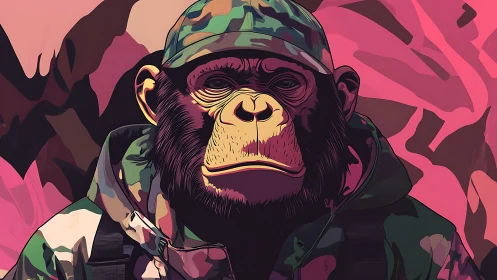 Camouflage chimp commander studies abstract pink terrain.