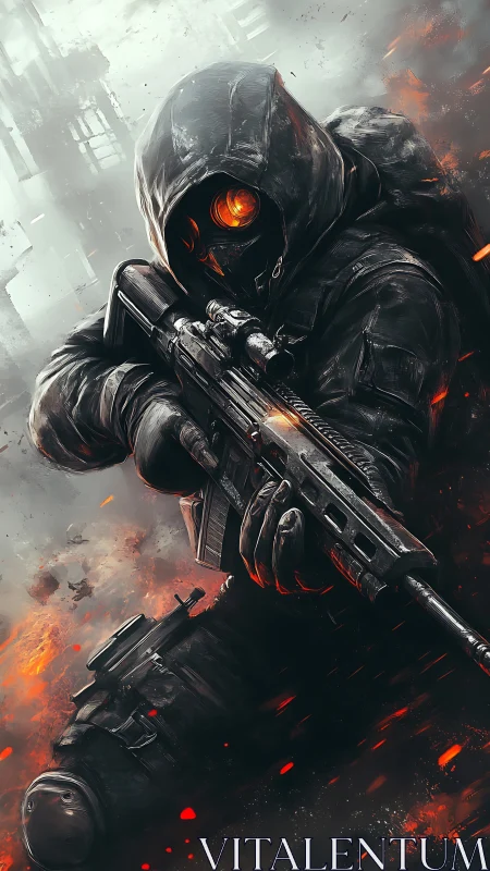 Hooded futuristic soldier glows amid storm of sparks.